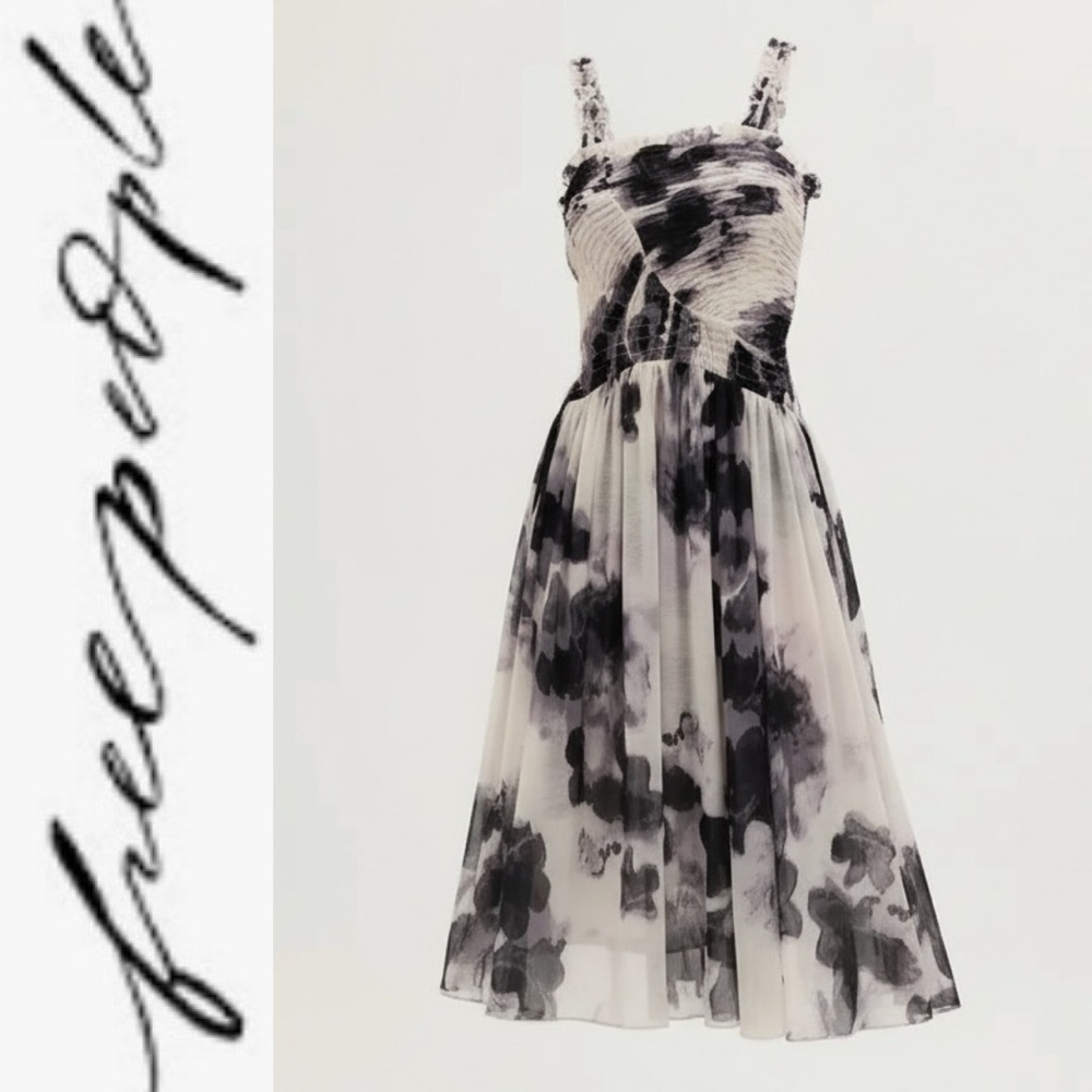 NEW Free People Tessa Smocked Mesh Midi Dress black/ivory XS